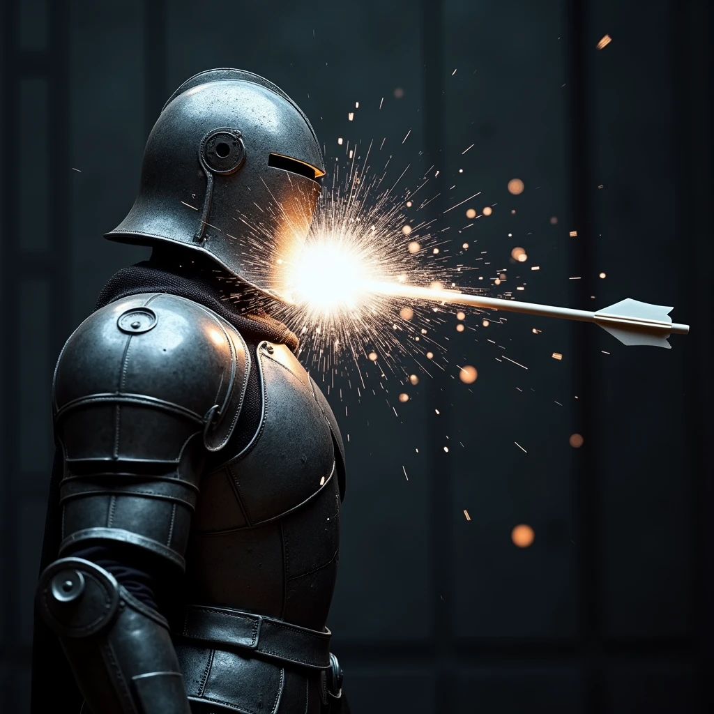 A small silver arrow hit a person in armor in the face.,The arrow exploded directly,Transformed into a silver light and sank into the helmet of the armor。Professional photography