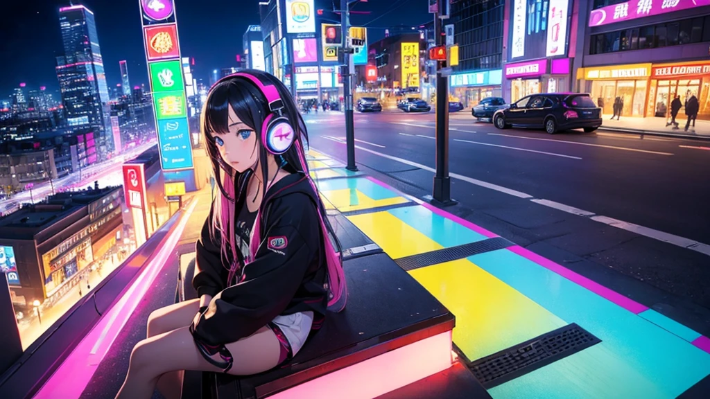 Pop art style、８Ｋ(Highest quality）（masterpiece）City of night、Girl wearing headphones and listening to music、Colorful