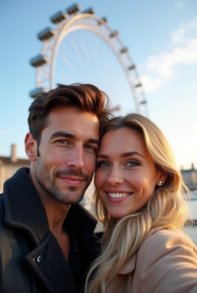 A couple hugging in front of the London Eye,  taking a profile selfie man brown hair and eyes,  blonde woman with green eyes 8k ultra realistic (photorealism:1.2)