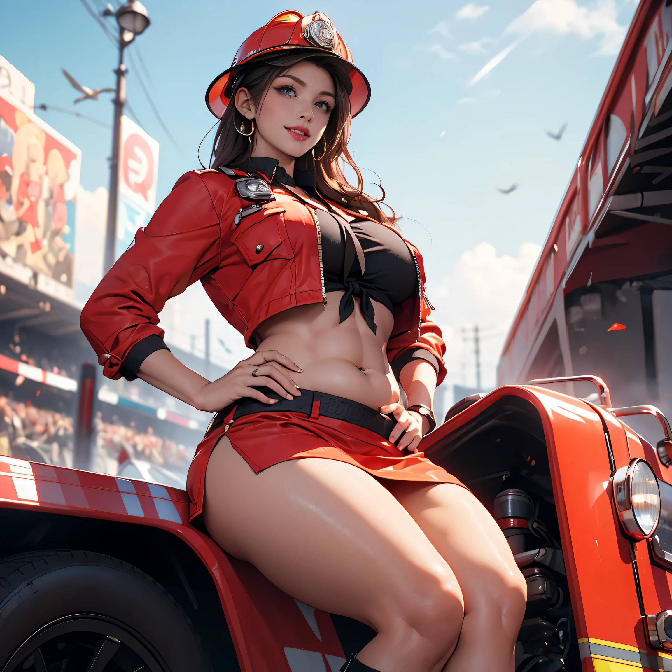 (((1 woman in frame), Pretty Caucasian (female), Sarah Shahi, a slim but muscular body, huge breasts)), ((bright red lipstick)), ((seductive smile)) ((big bright blue eyes looking towards the viewer)) ((short tied dark brown hair)), Ultra realistic 8K, flawless, tall,(Red Lip, Heavy makeup), Earring、Standing with firetruck、Nikon Z 85mm, ((Best Quality)) ,((masterpiece)), intricate details, Extremely delicate and beautiful, ((red fireman uniform:1.6, (( breast strap)), ((exposed belly button))、red Ultra micro miniskirt(( very very micro))、firefighter helmet、firefighter boots、((beautifull exposed long thighs))、)):1.0、(high heel:1.0、Full body shot:1.0、Sexy look, standing pose、NSFW:1.0, race track background, sunny day, ((view from bottom))