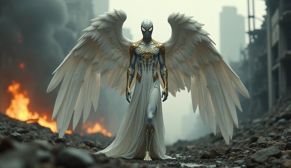 (front view:1. 2) of a graceful Spiderman angel, large white wings folded down, sad, intricate white and golden shine costume, walk on decrepit street, destroyed buildings, dark sky, active fires in background, volumetric fog, subsurface scattering, ambient occlusion, post apocalyptic, ruins of war, fire, smoke, (bokeh:1. 4)
masterpiece, best quality, detailed, realistic, 8k UHD, high quality, lifelike, precise, vibrant, absurdres, rendered in a cinematic, HDR style, 8K resolution