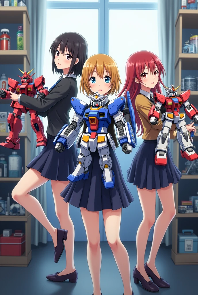 Girls from anime 'Girls Ramune', Chie Sayama, Tenka Adachi and Kiyoshi Tachikawa - all holding gunplas