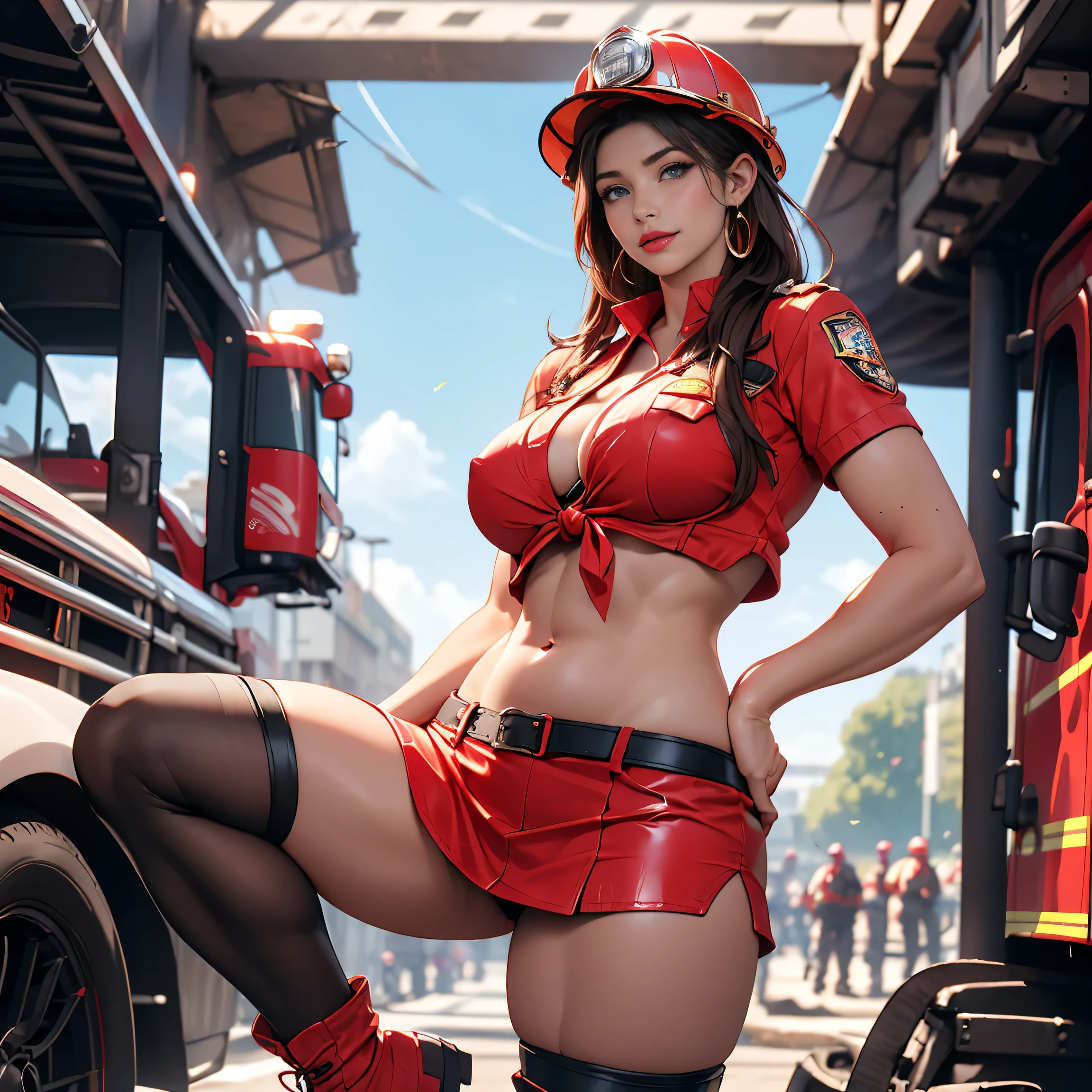 (((1 woman in frame), Pretty Caucasian (female), Sarah Shahi, a slim but muscular body, huge breasts)), ((bright red lipstick)), ((seductive smile)) ((big bright blue eyes looking towards the viewer)) ((short tied dark brown hair)), Ultra realistic 8K, flawless, tall,(Red Lip, Heavy makeup), Earring、Standing with firetruck、Nikon Z 85mm, ((Best Quality)) ,((masterpiece)), intricate details, Extremely delicate and beautiful, ((red fireman uniform:1.6, (( breast strap)), ((exposed belly button))、red Ultra micro miniskirt(( very very micro))、firefighter helmet、firefighter boots、((beautifull exposed long thighs))、)):1.0、(high heel:1.0、Full body shot:1.0、Sexy look, standing pose、NSFW:1.0, race track background, sunny day, ((view from front))