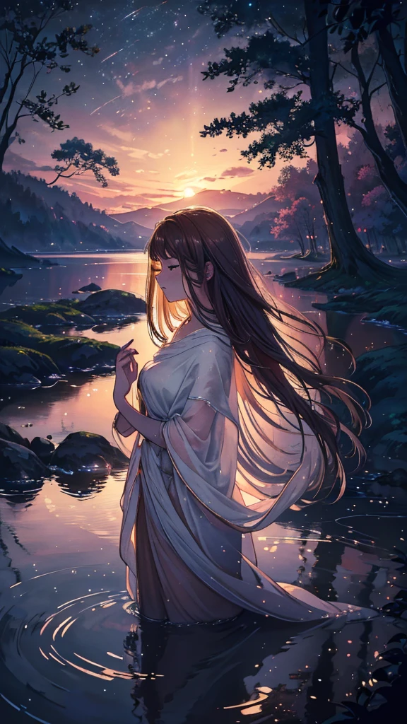(best quality,4k,8k,highres,masterpiece:1.2),ultra-detailed,(realistic,photorealistic,photo-realistic:1.37),portrait,aquarelle painting,beautiful breathtaking girl,deep brown skin,long silky hair,flowing white silk dress,full body,nighttime landscape,luminous moonlight on her face,peaceful serene expression,beauty in simplicity,stunning atmosphere,soft dreamlike colors,subtle glowing lights,detailed foliage,calm and tranquil ambience