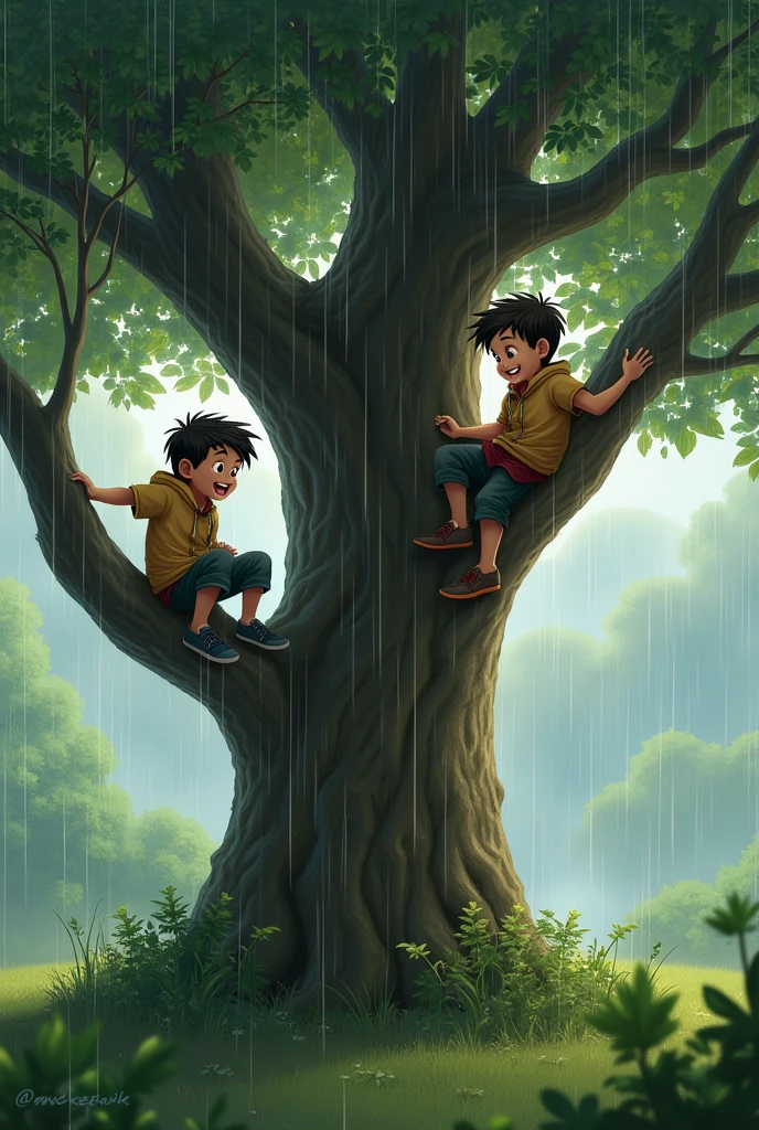 2 boys playing on a big tree in a rainy day