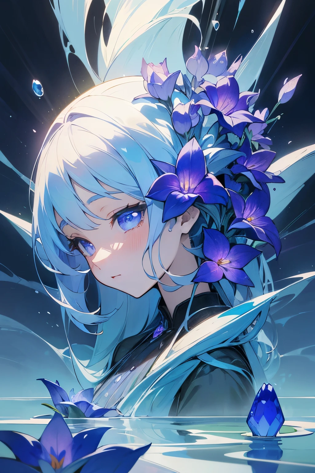 (Surreal world)、(water彩画風)、(Highest quality、detailed、masterpiece)、(Irises flower)、crystal flower,ピンクと白とwater色のグラデーション,water滴,shine, water,colorful,Dramatic lighting, Photographic realism, Botanical illustration、Flower Spirit Girl、Full of flowers、超detailed, 4K, Depth of written boundary, High resolution、