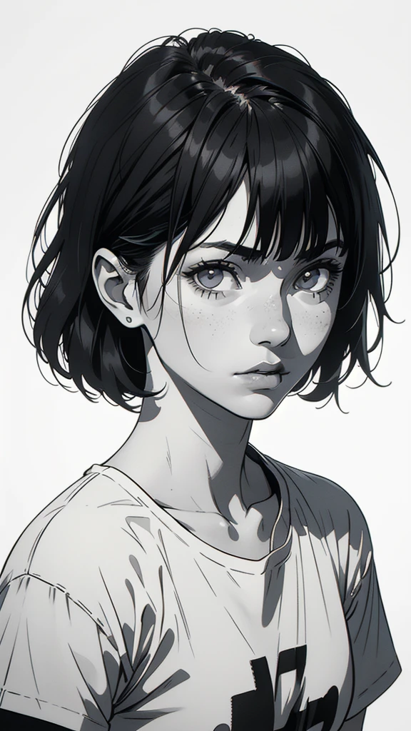 1 boyish girl, solo, sharp eyes, monochrome, greyscale, short black hair, portrait, white T-shirt, closed mouth, looking at viewer, graphite \(medium\), detailed lips, hatching \(texture\), without makeup, bangs, upper body, (best illustration), (best quality), (very detailed), (masterpiece), expressionless,