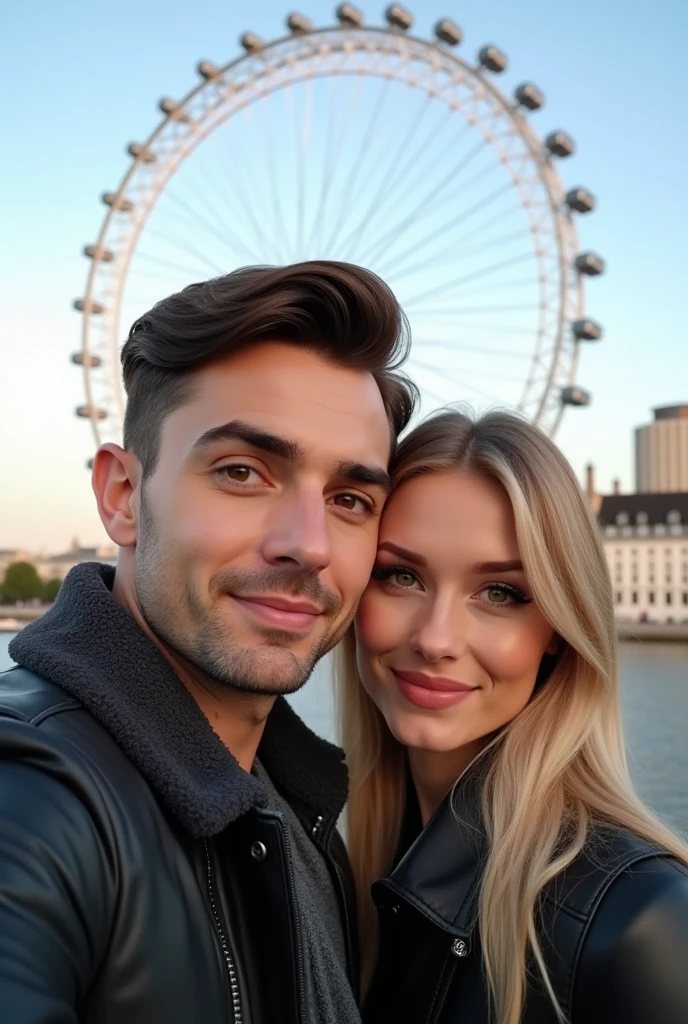 A couple hugging in front of the London Eye, taking a profile selfie man brown hair and eyes, blonde woman with green eyes 8k ultra realistic (photorealism:1.2)