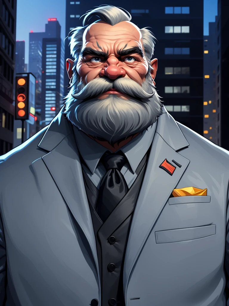 a portrait of an old man wearing a suit, upperbody, standing in a city background, (mwvector), vector, thick mustache, long beard, 8k, high quality, photorealistic, detailed wrinkles, detailed facial features, detailed texture