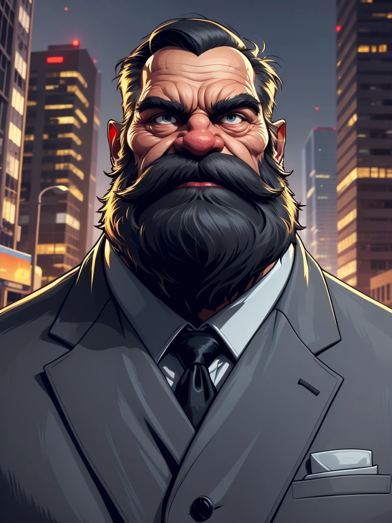 a portrait of an old man wearing a suit, upperbody, standing in a city background, (mwvector), vector, thick mustache, long beard, 8k, high quality, photorealistic, detailed wrinkles, detailed facial features, detailed texture