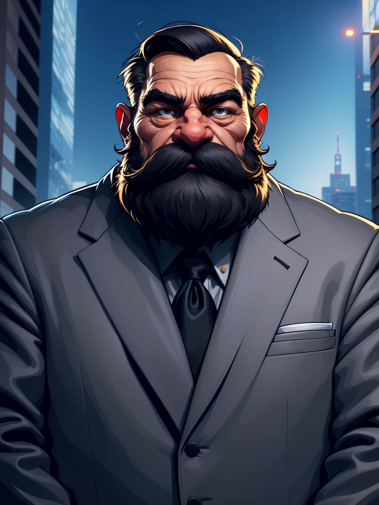 a portrait of an old man wearing a suit, upperbody, standing in a city background, (mwvector), vector, thick mustache, long beard, 8k, high quality, photorealistic, detailed wrinkles, detailed facial features, detailed texture