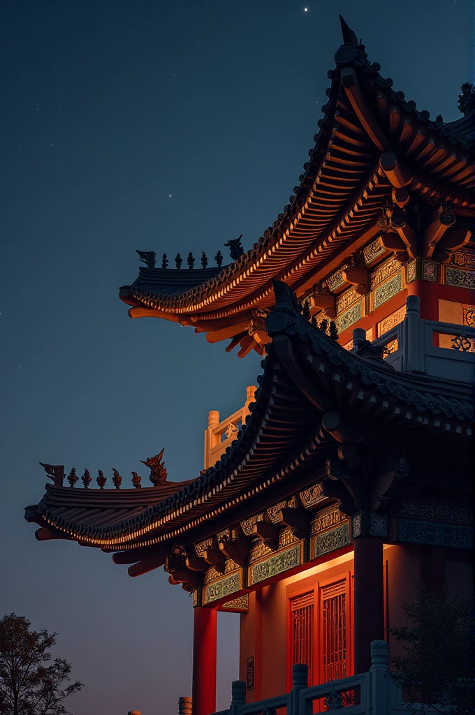 Close up of Chinese palace roof at night