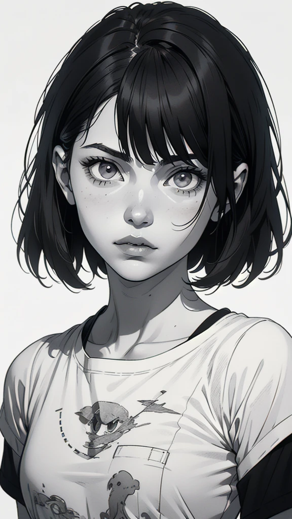 1 boyish girl, solo, sharp eyes, monochrome, greyscale, short black hair, portrait, white T-shirt, closed mouth, looking at viewer, graphite \(medium\), detailed lips, hatching \(texture\), without makeup, bangs, upper body, (best illustration), (best quality), (very detailed), (masterpiece), expressionless,