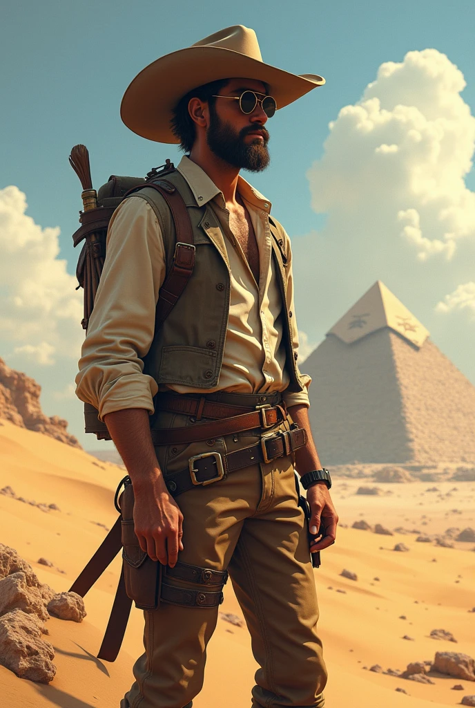 (extremely detailed CG unity 8k wallpaper),(masterpiece), (best quality), (ultra-detailed), (best illustration),(best shadow), cowboy shot, (desert background:1.2), sand, pyramid
,BREAK
Fio, round eyewear,