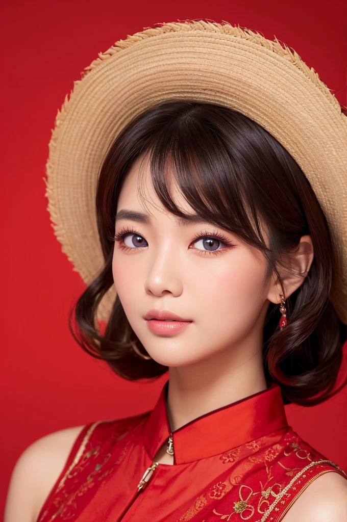 Red background、Asian Beauty、Eyes々Crisp、Curled eyelashes、National treasure class beauty