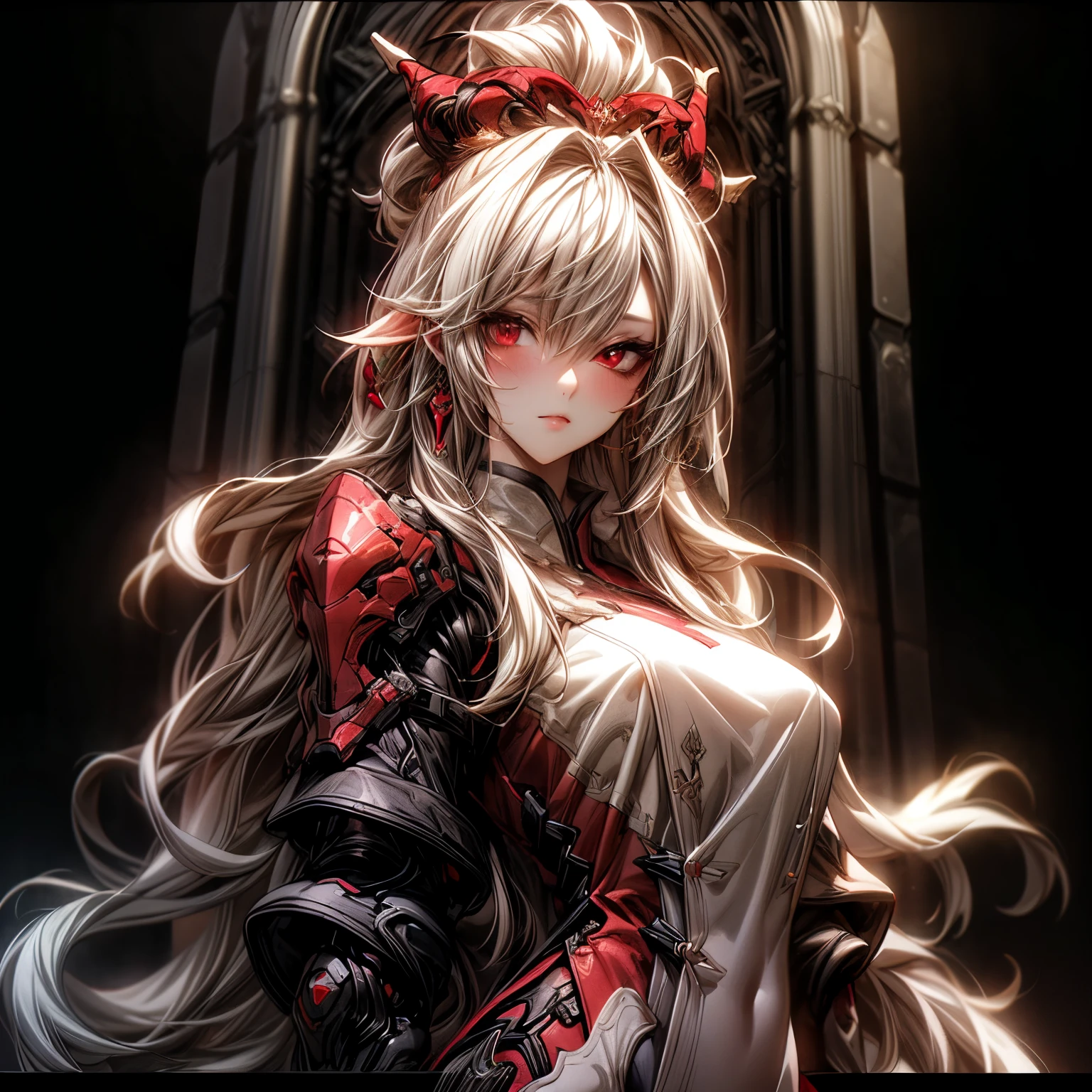 (best quality)), ((Masterpiece)), (details:1.4), 3d, HDR (high dynamic range), an image of a beautiful cyberpunk female, Cyberpunk, Fantasy, Ash gray hair, Long hair, Beautiful Red eyes, จมูกโด่ง, ปากแดง, หน้าอกใหญ่, nvidia RTX, PBR surface, After processing, Anisotropic filtration,depth of field, Maximum clarity and clarity, multi-layered surface, Subsurface scattering, perfect proportions, 8K raw files, ultra detailed, Perfect proportions, volumetric lighting, soft lighting, Holy Paladin, Heavy Red Armor, Red dress, glossy skin, intricate Red embroidery, Tower background, jewely, ต่างหู, นิ้วมือสมบูรณ์,