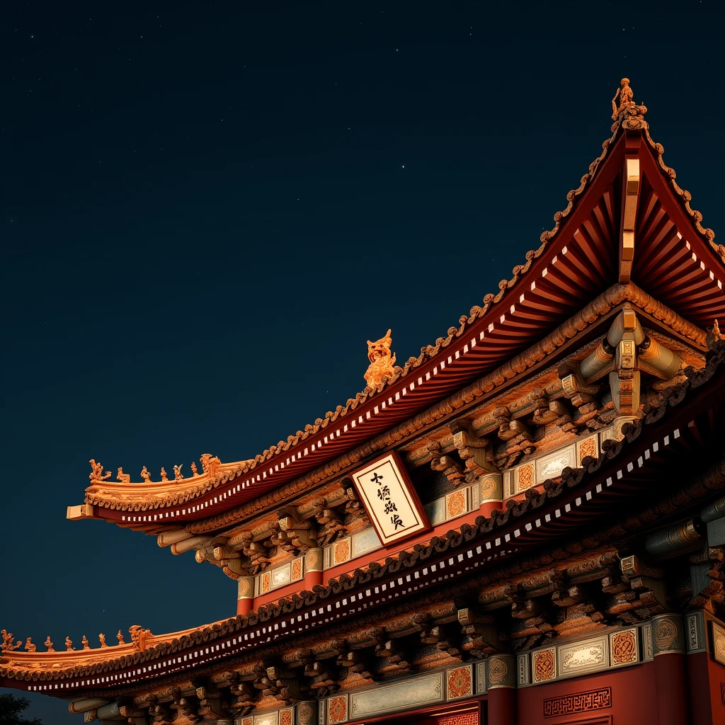 Close up of Chinese palace roof at night