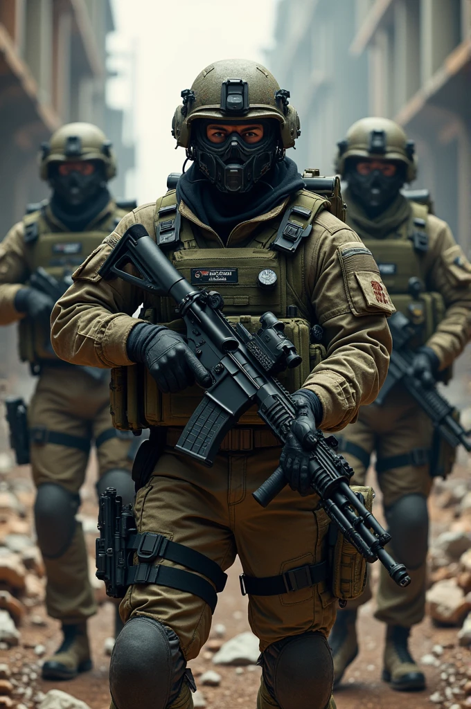 A Delta forces guy holding Mk18 mod 2 with two friends building background
