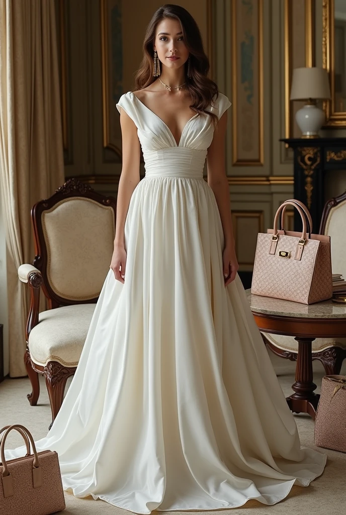 Arafed woman in a white dress exquisite aristocratic with a large collection of bags, many nice and elegant bags