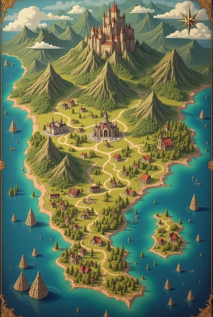 A whole map, beautiful, 3 land forms, 2 water forms, flat map, high quality, fictional map, monarchy map, with nation, village, flat drawn map, full map, with villagers, with atleast 6 countries, large continent with separated islands, drawn map with compass on the top right