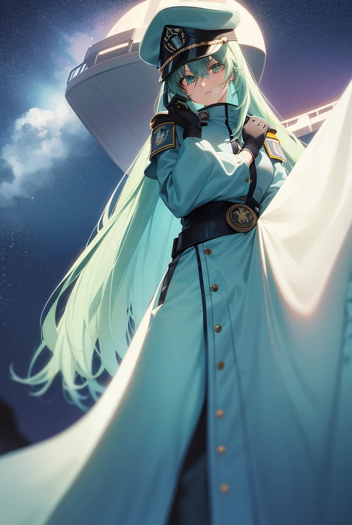 bondrewd wearing a blue peaked cap with light color green hair, 1girl, long hair, gloves, green eyes, white gloves, blue military uniform, pelvic_curtain, no pant, looking at sky, very long hair, white hair green color inner, uniform, solo, mature female, perfect full body, beautiful background (night sky, stars), ultra detailed, detailed eyes, Star Wars CIS emblem on the hat, vibrant colors