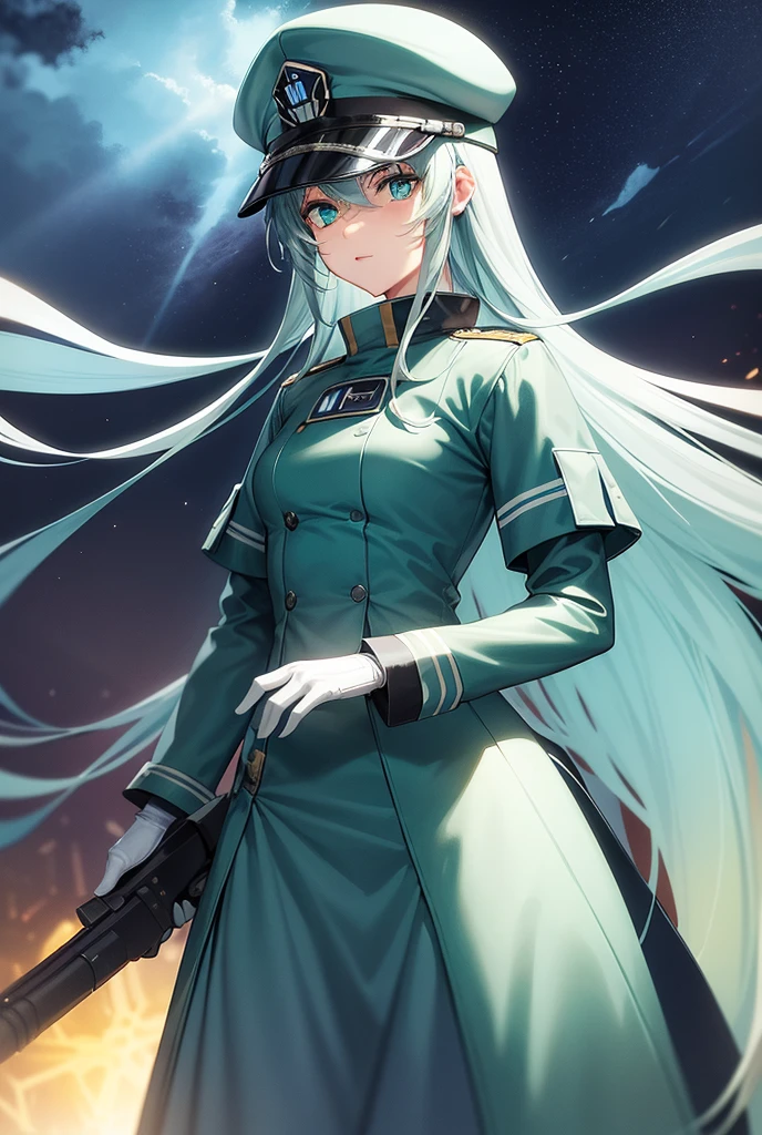 bondrewd wearing a blue peaked cap with light color green hair, 1girl, long hair, gloves, green eyes, white gloves, blue military uniform, pelvic_curtain, no pant, looking at sky, very long hair, white hair green color inner, uniform, solo, mature female, perfect full body, beautiful background (night sky, stars), ultra detailed, detailed eyes, Star Wars CIS emblem on the hat, vibrant colors