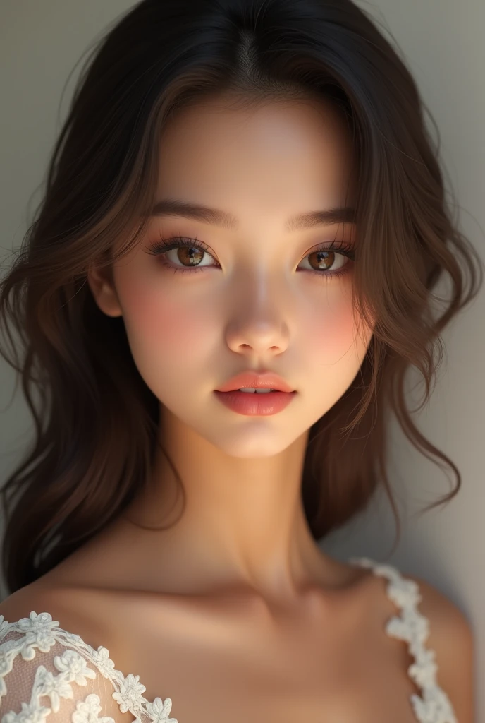 A beautiful smooth skin girl with cute face caely black broun hair stylish look with all types of saxy face expression