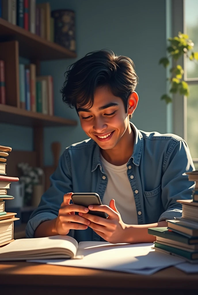 A 20-year-old Bangladeshi boy sitting at a study desk, holding a mobile phone horizontally in his hand. He is looking at the phone screen with a slight smile on his face, indicating both focus and enjoyment. The desk is cluttered with study materials such as textbooks and notebooks. The setting has a realistic, everyday feel with natural lighting illuminating the scene. The boy is dressed in casual clothing, and the image should have a lifelike quality, making it appear like a real photograph & full Realistic. image size 2000 pixel by 2000 pixel