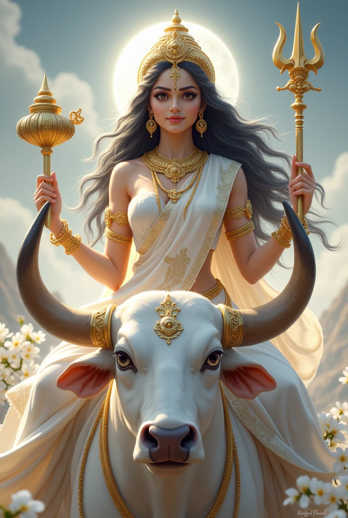"Create an ultra-realistic image of the beautiful Goddess Mahagauri, daughter of Lord Himalaya, depicted in a pure white saree with a matching blouse. The saree should be elegant, should be intricately designed with delicate gold patterns that highlight her divine status and connection to the mountains. symbolizing her purity and divine nature, with subtle, delicate patterns that enhance her celestial presence. Her skin should be extremely fair, glowing with a soft, ethereal light that reflects her name, Mahagauri, meaning 'extremely fair.' Her face should be serene and exquisitely beautiful, with large, expressive eyes that radiate wisdom and compassion, and a gentle smile that conveys peace and grace, she has extremely very long hari, black floating hair, healthy hair.
She has only two hands.
In her right hand, she holds a majestic trident.
In her left hand, she holds a sound instrument small drum.
She should be seated on an extremely large and powerful pure white bull, symbolizing her title as Vrisharudha (वृषारूढ़ा), the one who rides the bull. The bull should be depicted with a strong, muscular build and a calm, majestic demeanor, reflecting its strength and the divine presence of the goddess. The bull's pristine white color should complement the goddess's own pure, glowing complexion.
The background should be a serene, celestial landscape, with soft, glowing light and elements like a conch, the moon, and white Kunda flowers, symbolizing her fair complexion. The scene should convey a sense of peace, purity, and divine grace. The overall image should capture the essence of Goddess Mahagauri’s beauty, purity, and divine power, presented in a highly realistic and detailed manner, with her mount emphasizing her strength and protective nature."