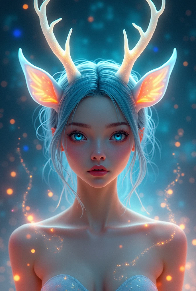 yellow girl，Almond eyes, blue, Natural Hair. He is clothed in gold and silver,blue eyes, Deer ears are translucent and glowing　spore　Milky Way　Fancher　Filled with rainbow-colored translucent slime　san francisco　Extraterrestrial life forms　amoeba