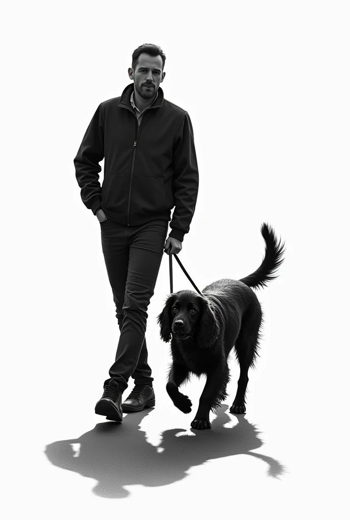 Fait moi un tatouage en noir et blanc d'un homme et son chien de type coker se promenant avec l'ombre de l'homme et du chien