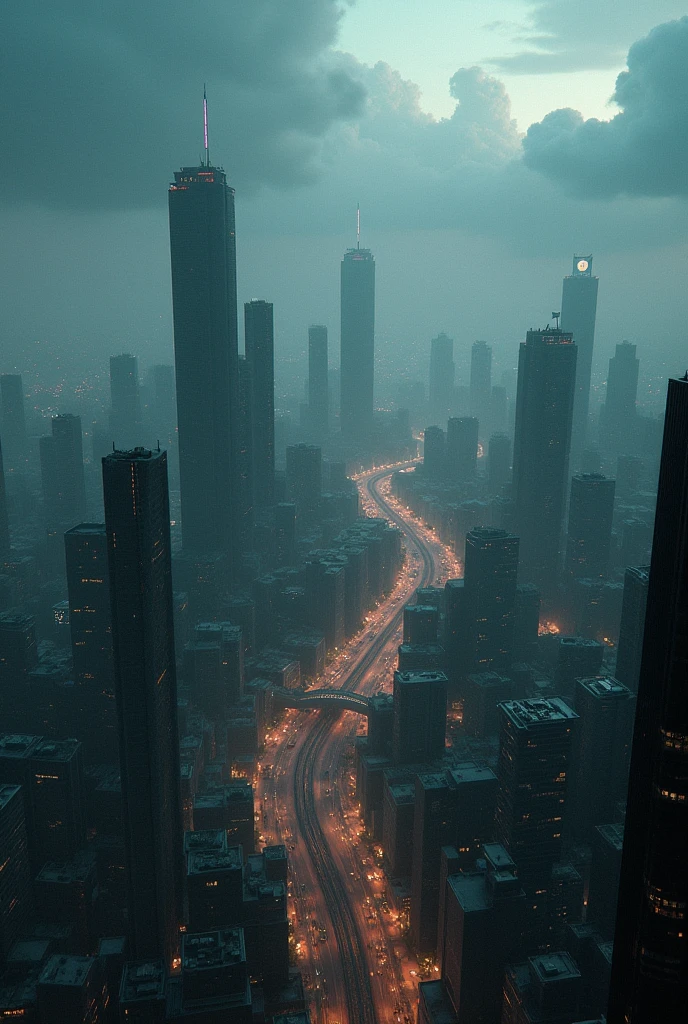 (photorealism:1.2), modern day dark fantasy city wide aerial shot