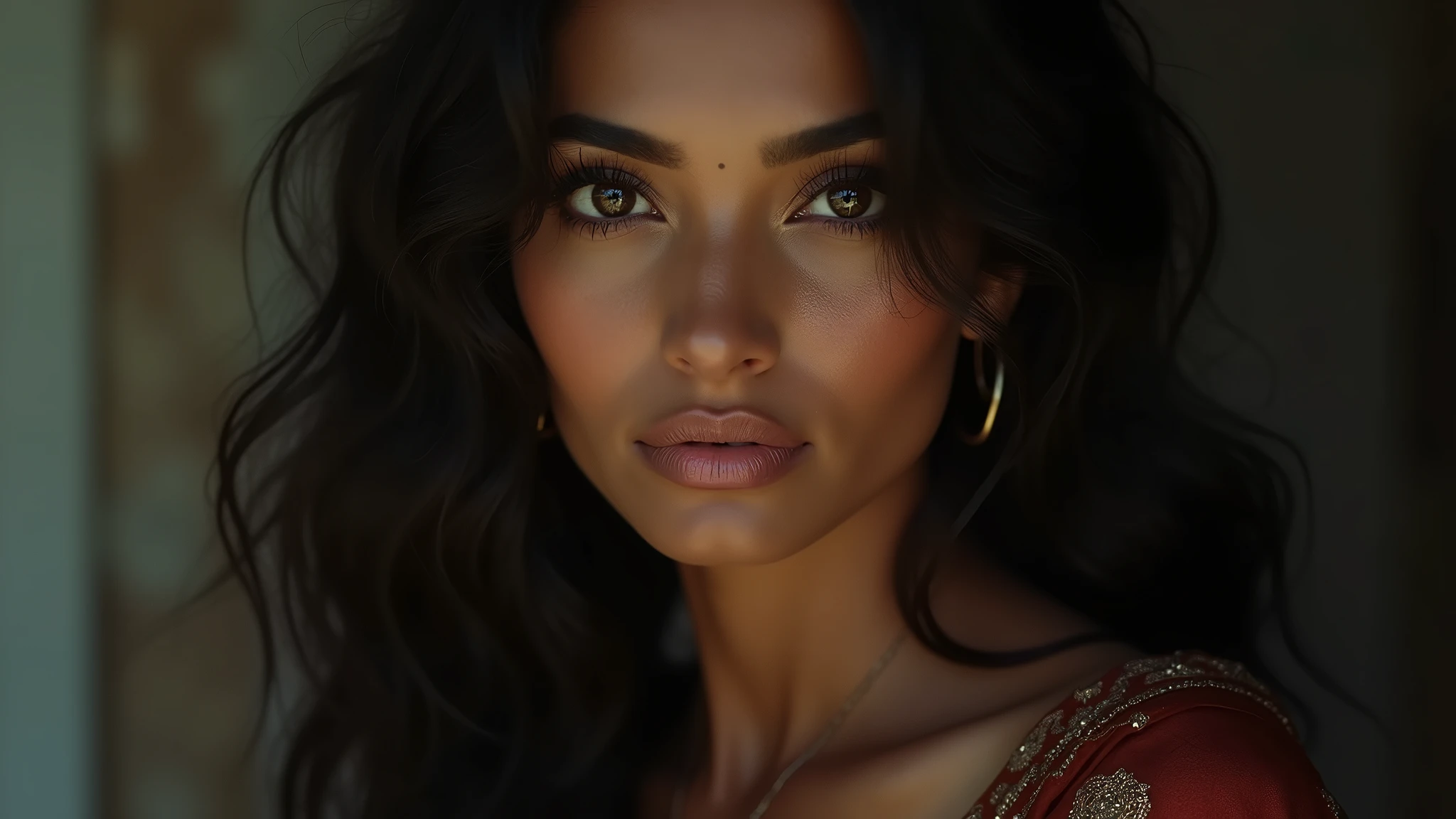 a beautiful mysterious Indian woman, Western fashion, intricate detailed face, piercing eyes, long eyelashes, delicate skin, natural beauty, flowing hair, candid elegant pose, dramatic lighting, cinematic mood, muted color palette, chiaroscuro lighting, high quality, photorealistic, 8k, intricate details, professional rendering