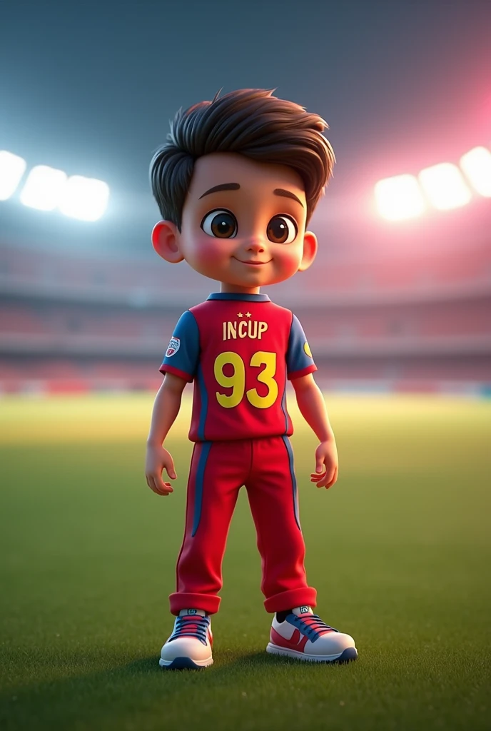  cute boy standing in cricket field, "IPL 2024" is written on his back, he is wearing jersey of rcb team, name " ANUP " is written on it and jersey number is 93, lights are in background, 3d image