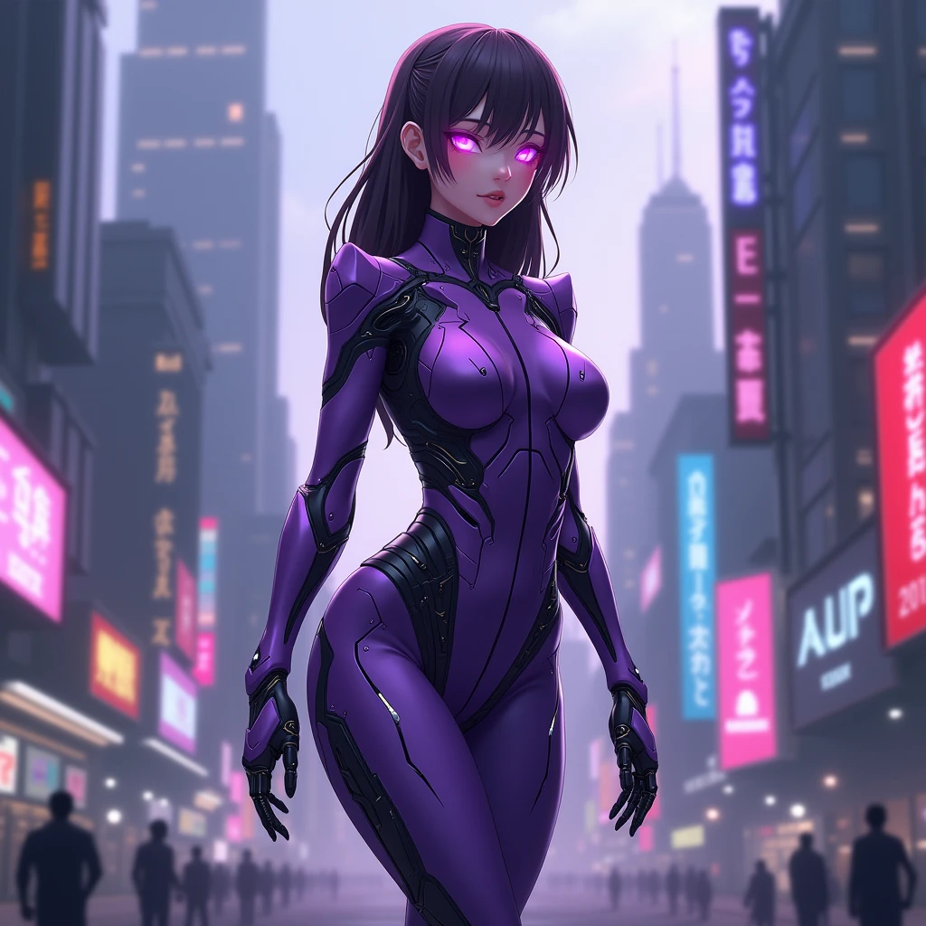 Create a purple-clothed female anime character in a bot model