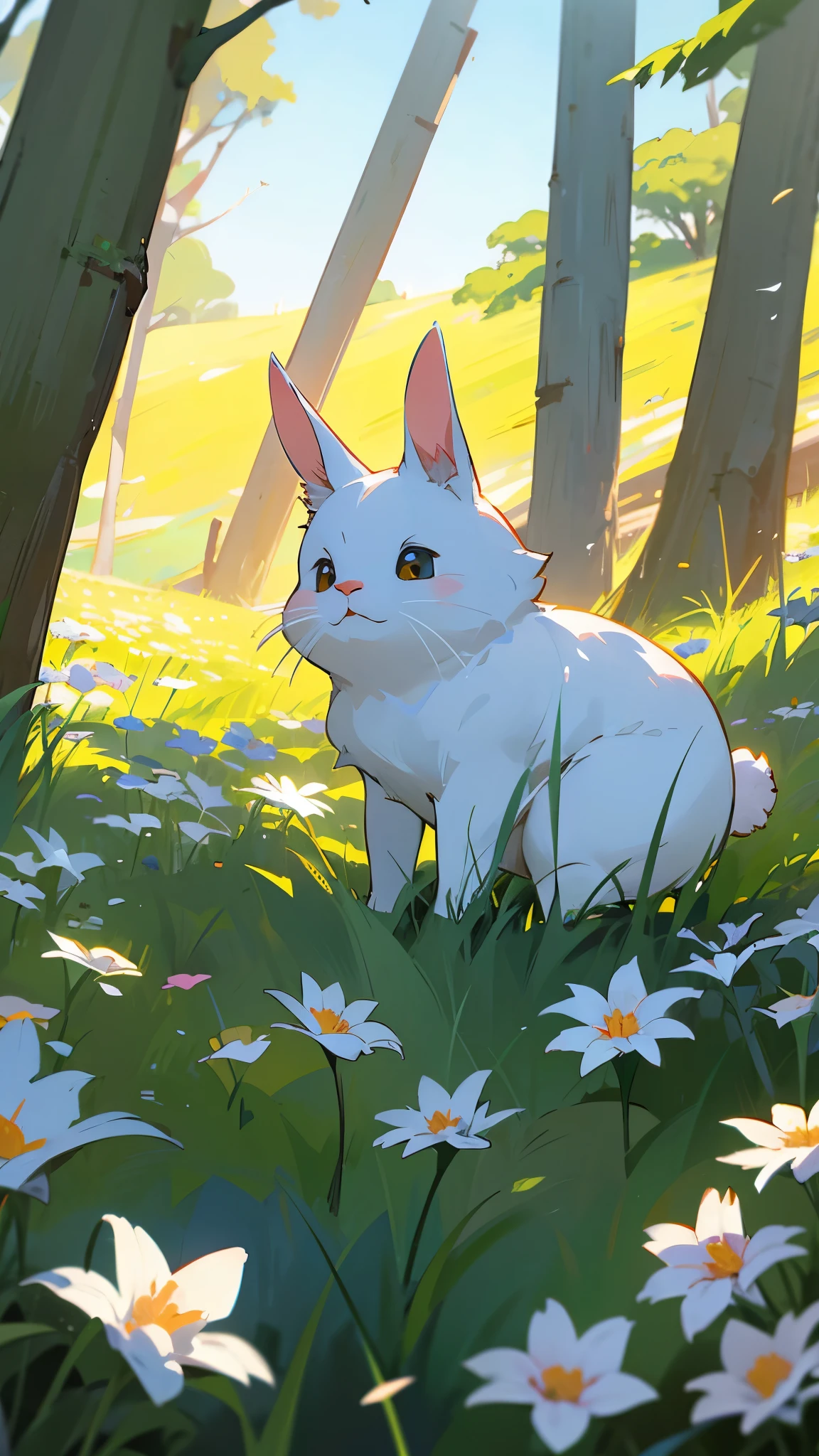 A small bunny with soft, white fur lived at the edge of a dark forest.
Every day, it watched the other animals play but was too afraid to join them.
One day, it ventured out, lured by the sight of a single, bright flower in the meadow.
As it hopped closer, the sun warmed its fur, and the world seemed less scary.
The bunny realized that bravery was just one hop away from fear, and from that day on, it played in the meadow, no longer alone.