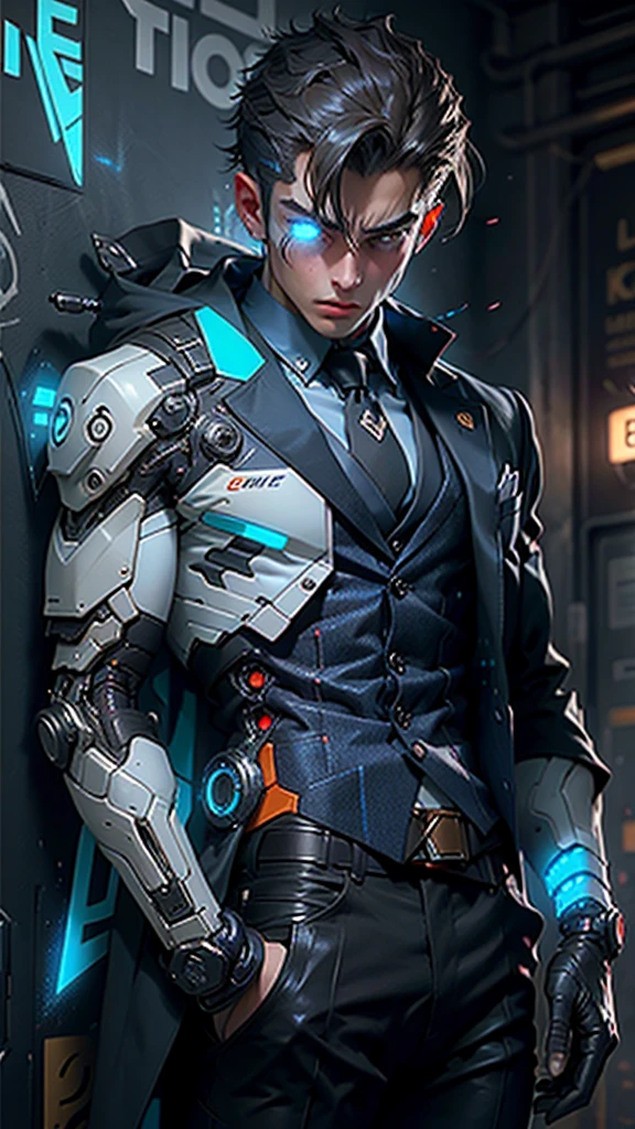 A boy body defined enthusiastic confident cybernetic body parts with blazer 