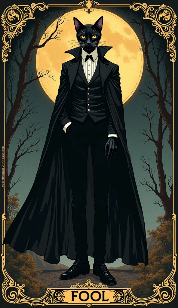 (Absurd, High resolution, Very detailed), 1 male, Iris, Brown Hair, Scholarly temperament, All-black formal wear, Victorian costume, Black Cape, (Cold Beauty: 1.2), Cat-like temperament, Adult, good looking, Thin man, Broad shoulders, Beautiful eyes and detailed features, fool arot card, fool, clown, Symbolism, visual arts, occult, universal, Visual projection, philosophy, Iconography, Number secrets, pop, art, Alphonse Mucha