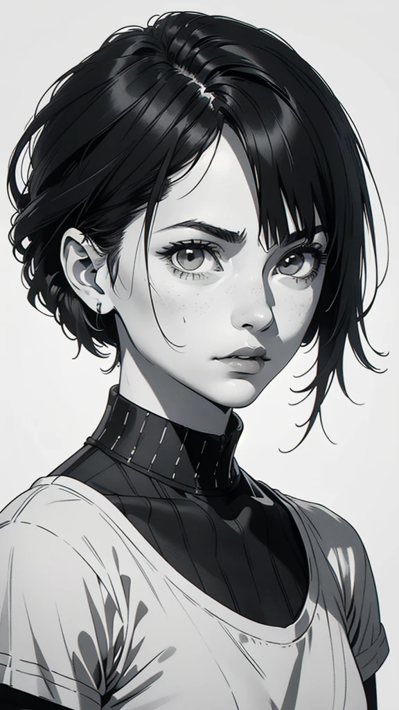 1 boyish girl, solo, sharp eyes, monochrome, greyscale, short black hair, portrait, white T-shirt, closed mouth, looking at viewer, graphite \(medium\), detailed lips, hatching \(texture\), without makeup, bangs, upper body, (best illustration), (best quality), (very detailed), (masterpiece), expressionless,