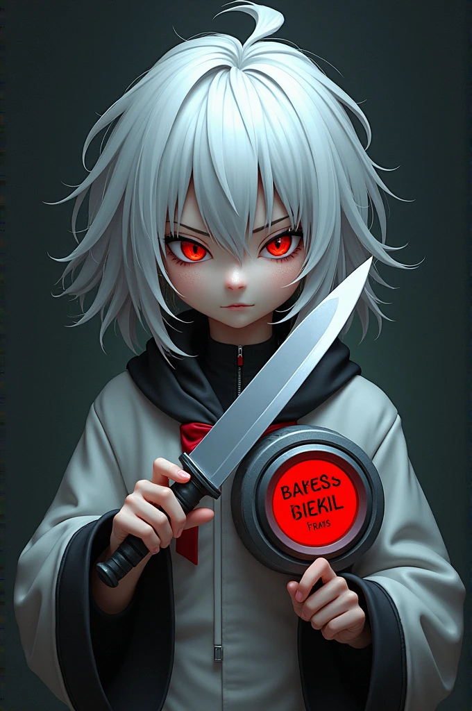 A female character resembling Chara from Undertale, but with white hair and a request to hold a knife and pretend to press the reset button.