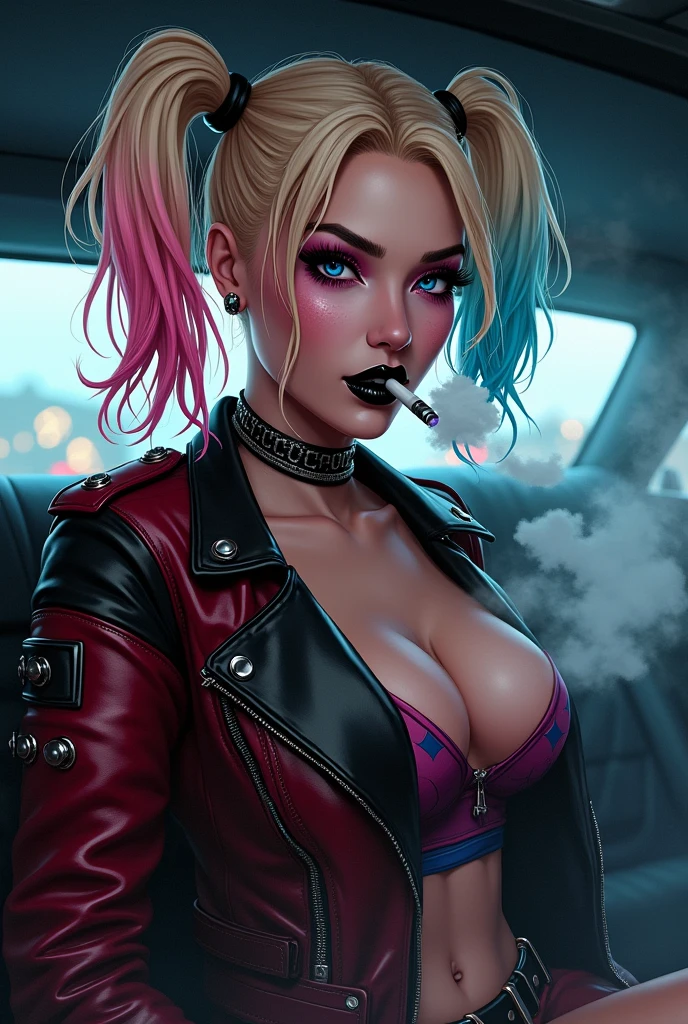 Masterpiece, close up portrait of harley quinn. Pink and blue makup around her eyes with glossy black lips. She is posing sexy. a lit cigarette between her lips and exhaling creamy smoke from her mouth. Lots of smoke lingers and drifts in the air all around her and fills the limousine. She has thick long blonde hair tied in twin bunches with pink and blue ends and she is wearing a short tight black and red leather punk jacket with chains and spikes.  She is getting out of a limousine at dusk. Very Thick smoke fills the limousine like a fog. detailed and colourful digital comicbook art with deep shadows.