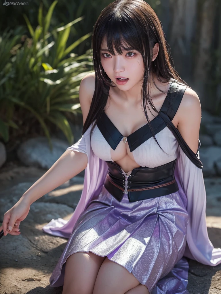 a very beautiful japanese girl, very cute high school girl assassin, detailed portrait of innocent 17-years-old virgin, ((in the mountain)), (off-shoulder silver breastplate:1.2), (purple long maxi-skirt, purple arm cover, silver booties:1.1),(full body, run away:1.2),(blush, she calls for aid, crying out in a loud manner, open mouth wide:1.1), she was paralyzed with fear, perfect body, cold sweat, body soaked in sweat, firm and elastic skin, lively faces, glowing lips, watery eyes, cute double eyelids and black eyes, cleavage, attractive thighs, glossy straight medium black hair, asymmetrical bangs, hair flutters, dark fantasy, photo-realistic, surreal, cinematic lighting, 32K, backlight, (bright light:1.2), (Improvement of quality:1.4), (Highest quality realistic textured skin:1.4),detailed eyes, detailed face, detailed hand,(Enhances the beauty of skin texture:1.1)