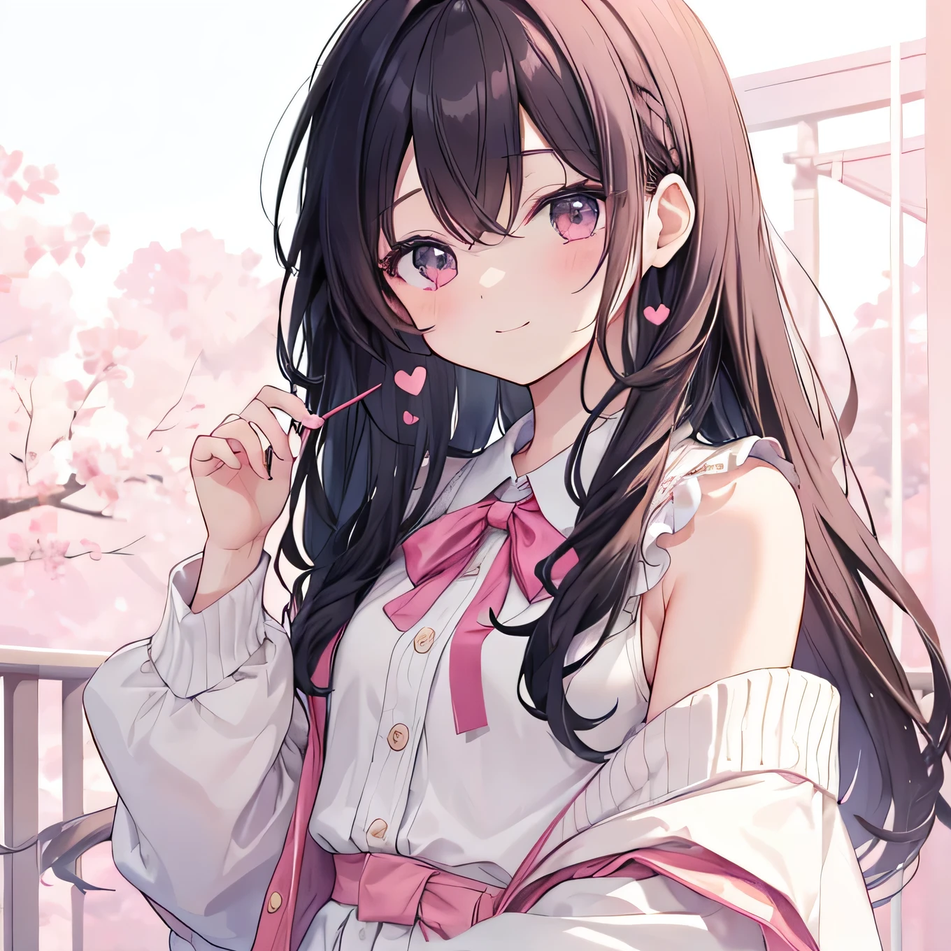 Yuai|Love Matchmaker」Design an icon for。The character is a woman in her late 20s.、A kind smile and a warm expression。hair should be shoulder-length、Has natural waves。Her outfit is a soft pink blouse with a light beige cardigan.、To reflect the theme of love、Use a pale pink and white gradient for the background。The icon has、Add small heart and ribbon motifs、Place it casually above the character's left shoulder。Yuaiの手は軽く胸の前に添え、A pose that exudes kindness and friendliness。Overall, it has a bright and soft tone.、Create a design that gives viewers a sense of security and trust。