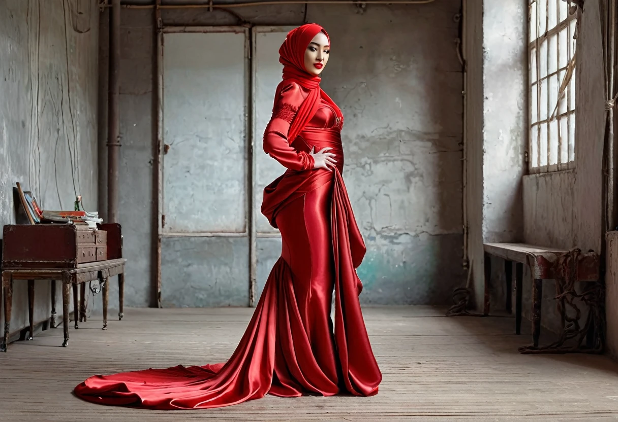 A woman shrouded in a 10-meter-long, plush red satin cloth, tightly bound and grandly draping along the form of her body, wear corset ,ballon sleeves, flowing off into a pooled floor-length train, styled in a mermaid-inspired outfit, her head modestly veiled in a satin hijab, tall woman, walking in photo studio, a full-body pose posing in front of people, captured in a 4k resolution, ultra-realistic