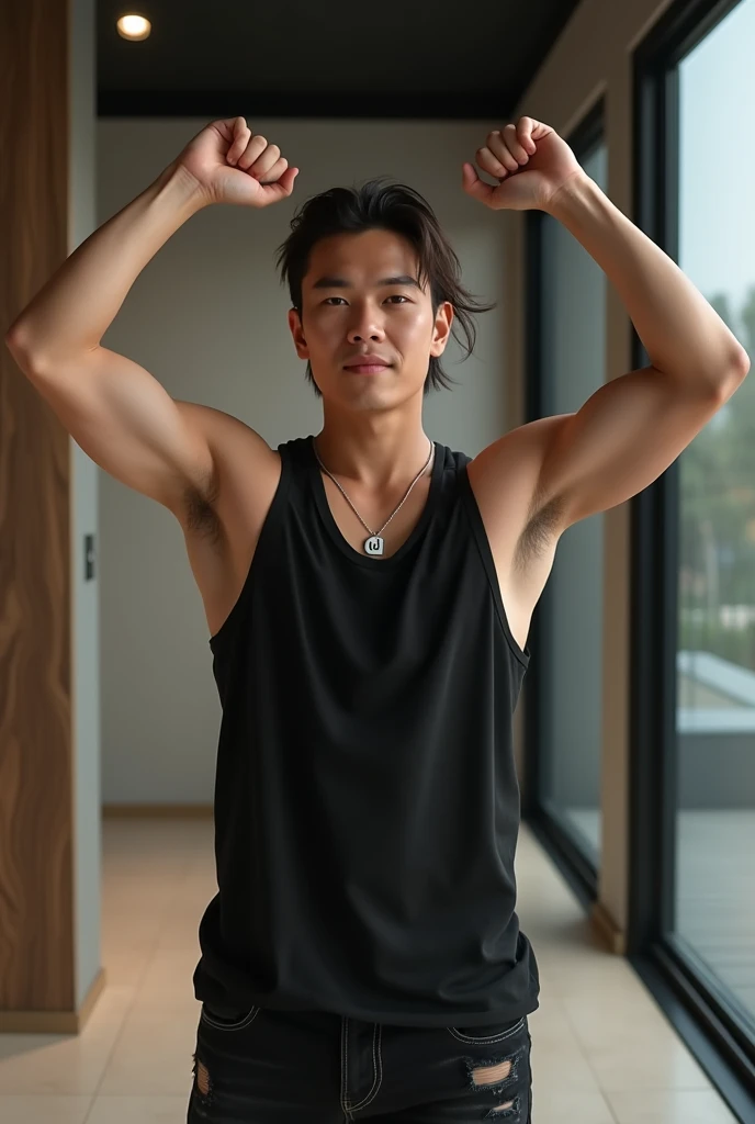 A handsome young man thailand, wearing bright black tanktop, wearing A small silver necklace with the logo"LD", slightly Torn black jeans, pony hair style, black sports shoes, slightly chubby, arms up, handsome, krim modern interior background