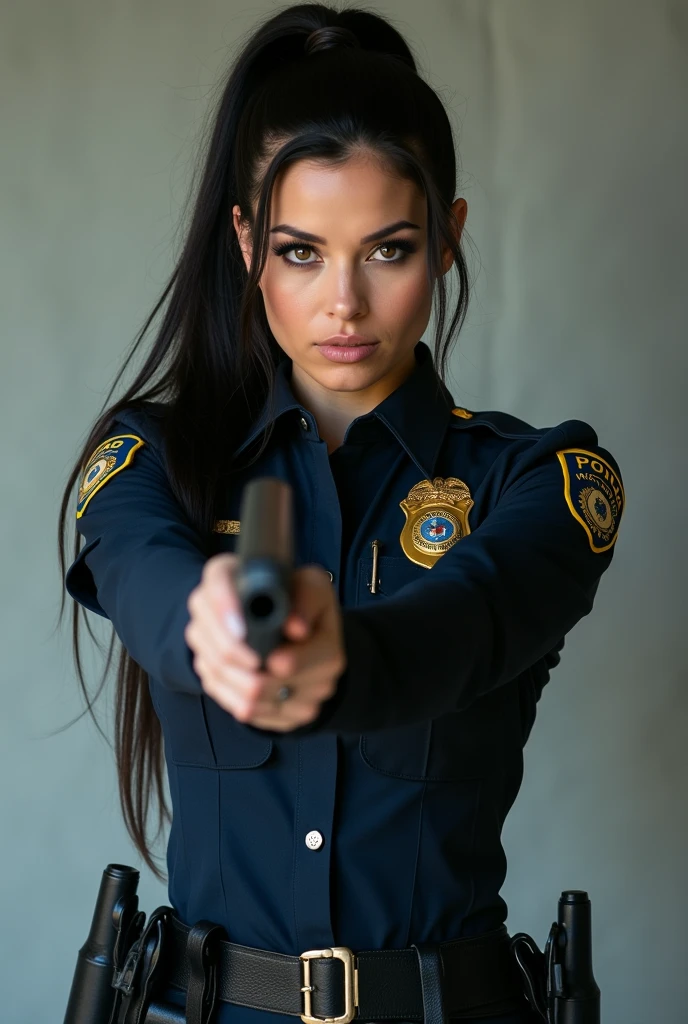 ultra realistic, photography, long black straight hair in a ponytail, elegant hair, (30 years old, hazel eyes, hourglass figure, perfect fit body, natural big breasts), firtatious look, femme fatale, long eyelashes, cat-eye make-up, she is from the NYPD and has her gun drawn with both hands, feet spread standing stance, full body picture