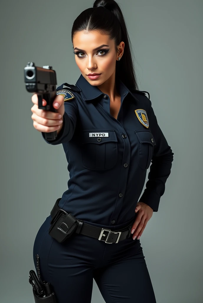 ultra realistic, photography, long black straight hair in a ponytail, elegant hair, (30 years old, hazel eyes, hourglass figure, perfect fit body, natural ???????????), firtatious look, femme fatale, long eyelashes, cat-eye make-up, she is from the NYPD and has her gun drawn with both hands, feet spread standing stance, full body picture