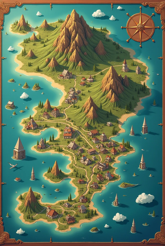 A whole map, beautiful, 3 land forms, 2 water forms, flat map, high quality, fictional map, monarchy map, with nation, village, flat drawn map, full map, with villagers, with atleast 6 countries, large continent with separated islands, drawn map with compass on the top right, physical map