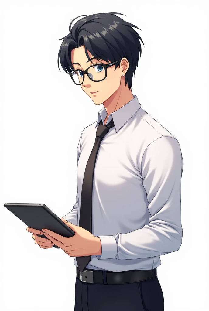 Male teacher, black hair, wearing glasses, holding an iPad with one hand, anime image, white background