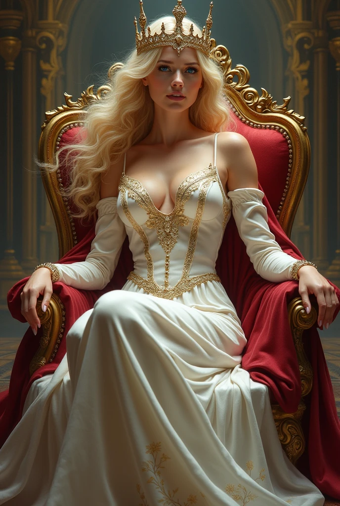 Majestic queen woman blue color sitting big breast blonde hair with crown tender smiling